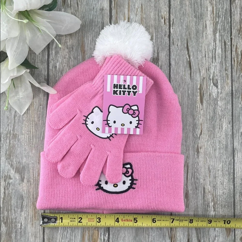 Hello Kitty Pink Beanie Hat & Gloves 3-Piece Set
